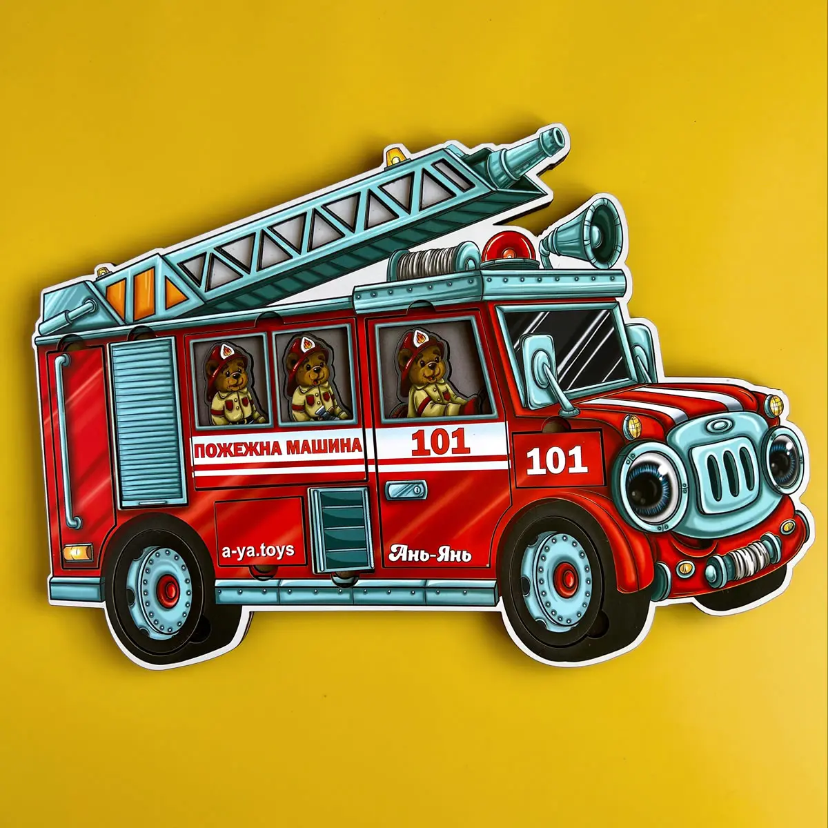 Дерев'яний сортер-головоломка (дерев'яна вкладка) "Ведмедики-пожежники"