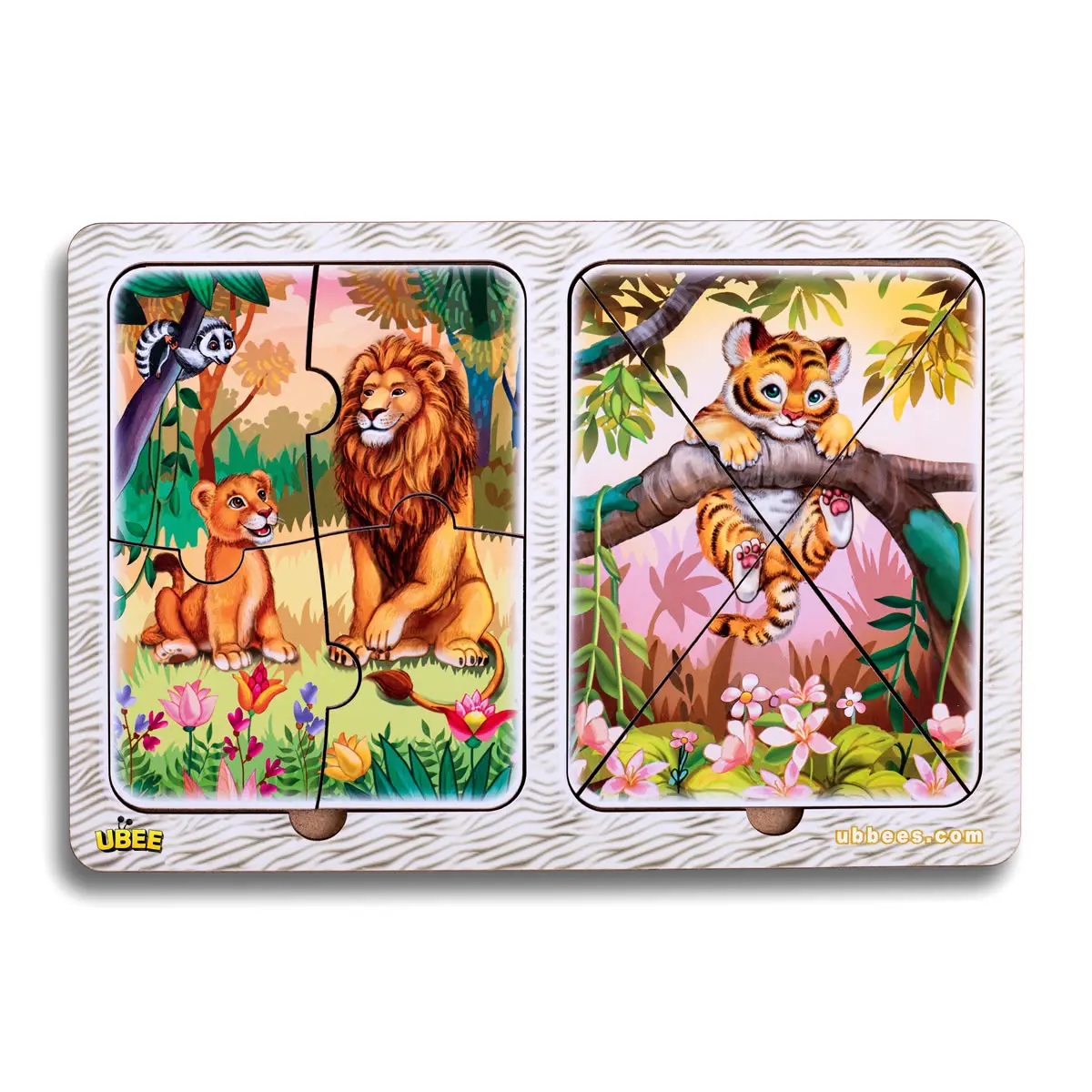 Дерев'яні пазли в рамці "Леви і тигренята" (Пазли вкладиши для гри з малятами)