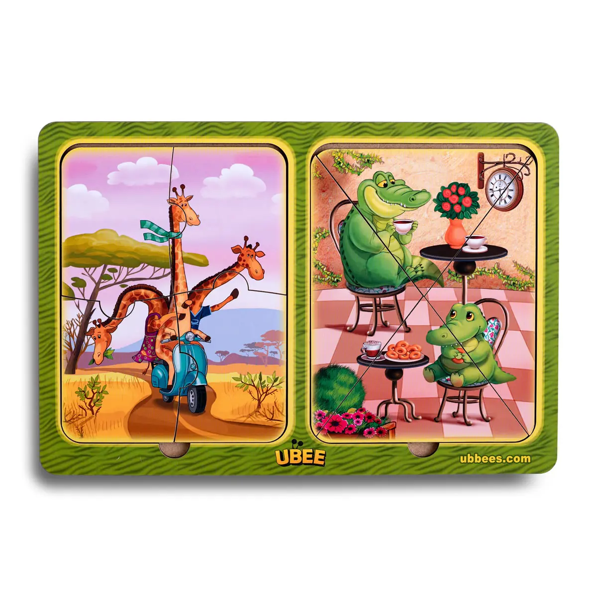 Дерев'яні пазли в рамці "Жирафи та крокодили" (Пазли вкладиши для гри з малятами)